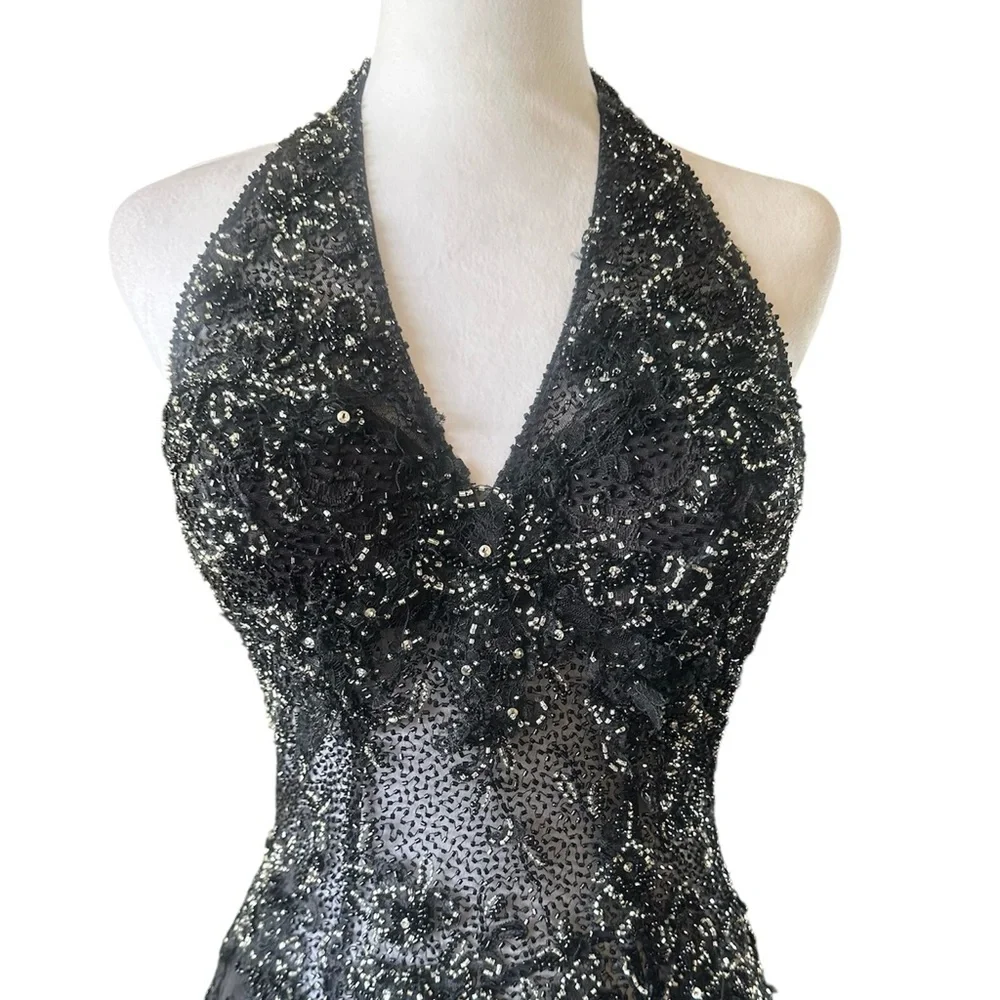 STEPHEN YEARICK Black 100% Silk Beaded Halter Gown Dress Size 6 Couture Pageant - Picture 5 of 17